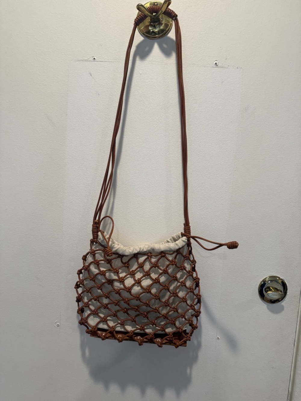 Zara Brown Macramé Crossbody Bag with Canvas Liner
